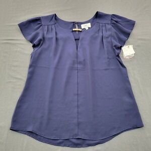 Twine & String Navy Blue Flutter Sleeve V-Neck Blouse Top Large  NWT